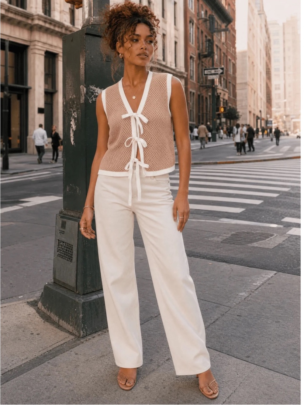 Sleeveless Tie-Front Knit Vest in Beige